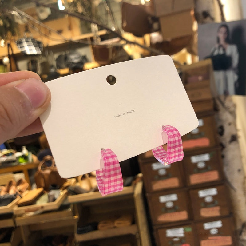 Pink Gingham Acrylic Hoop Earrings — product view