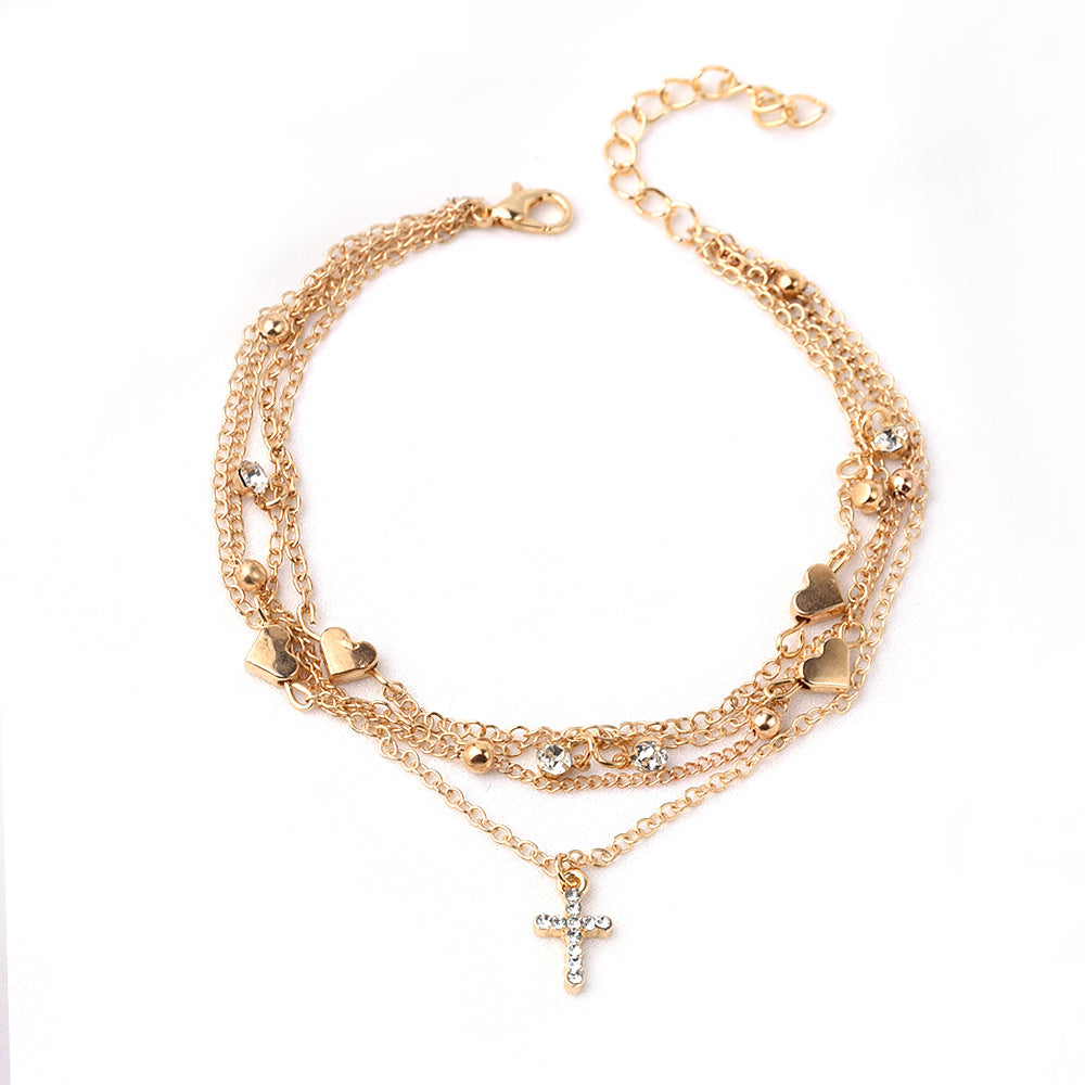 Gold-Tone Heart & Cross Layered Anklet