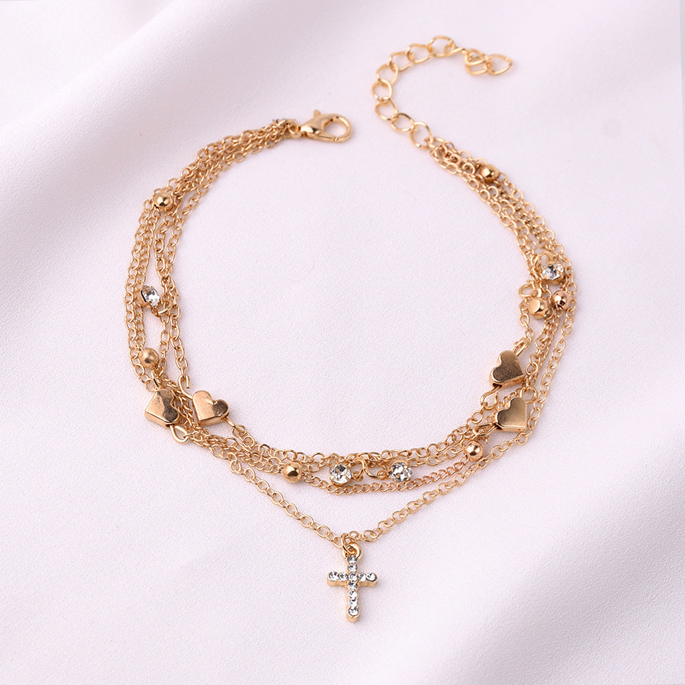 Gold-Tone Heart & Cross Layered Anklet