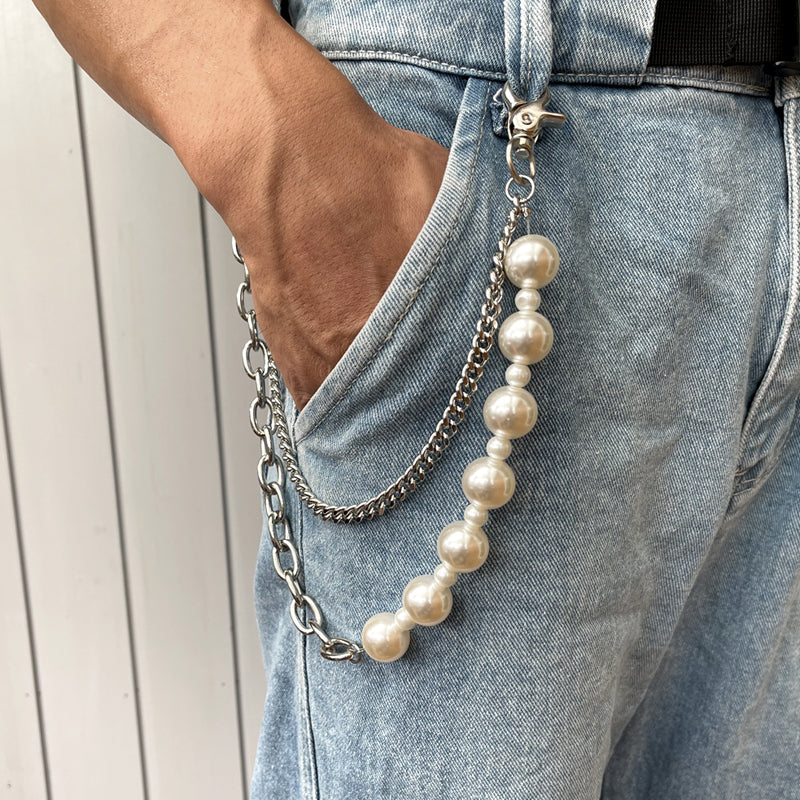 HD Jewelry Pearl-Effect Clip-On Trouser Chain — Large Pearl-Effect Double Chain