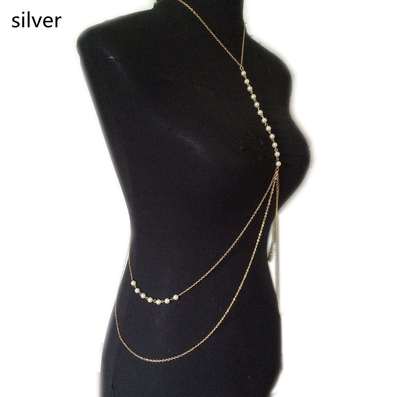 HD Jewelry Pearl-Effect Draped Body Chain — Silver-tone