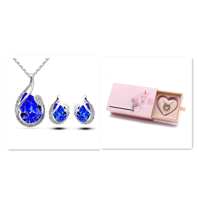 HD Jewelry Teardrop Sparkle Necklace & Earring Set — Blue set and pink gift box; extra heart necklace pictured inside box is not included