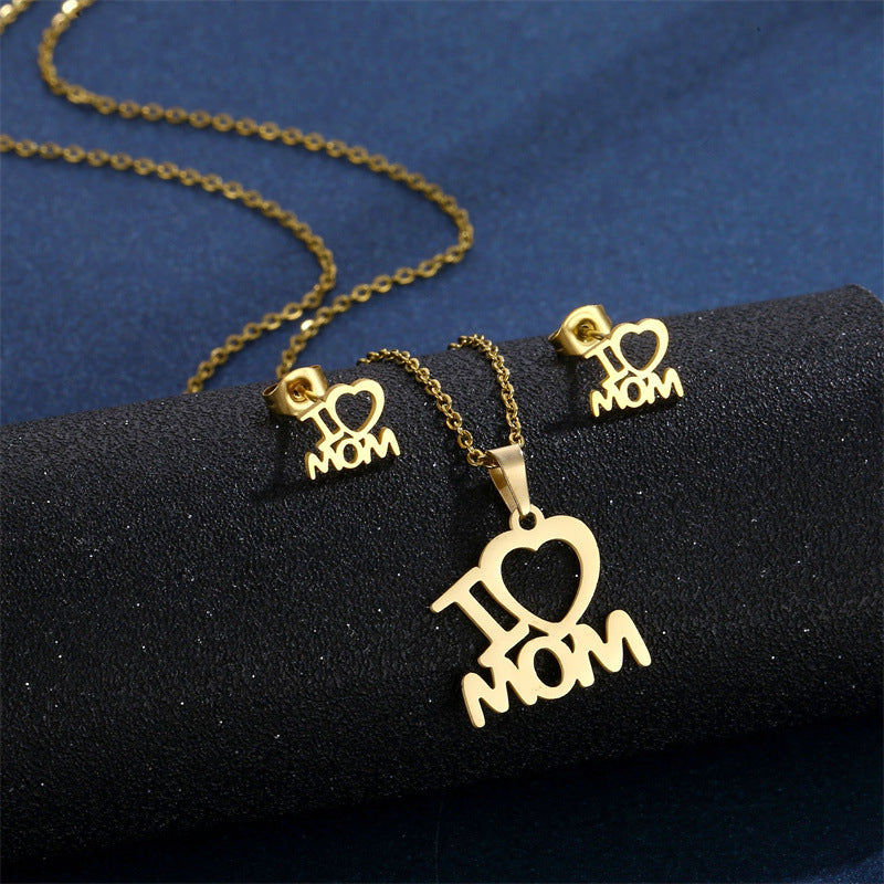 HD Jewelry I Love MOM Necklace & Stud Earring Set — Gold-tone