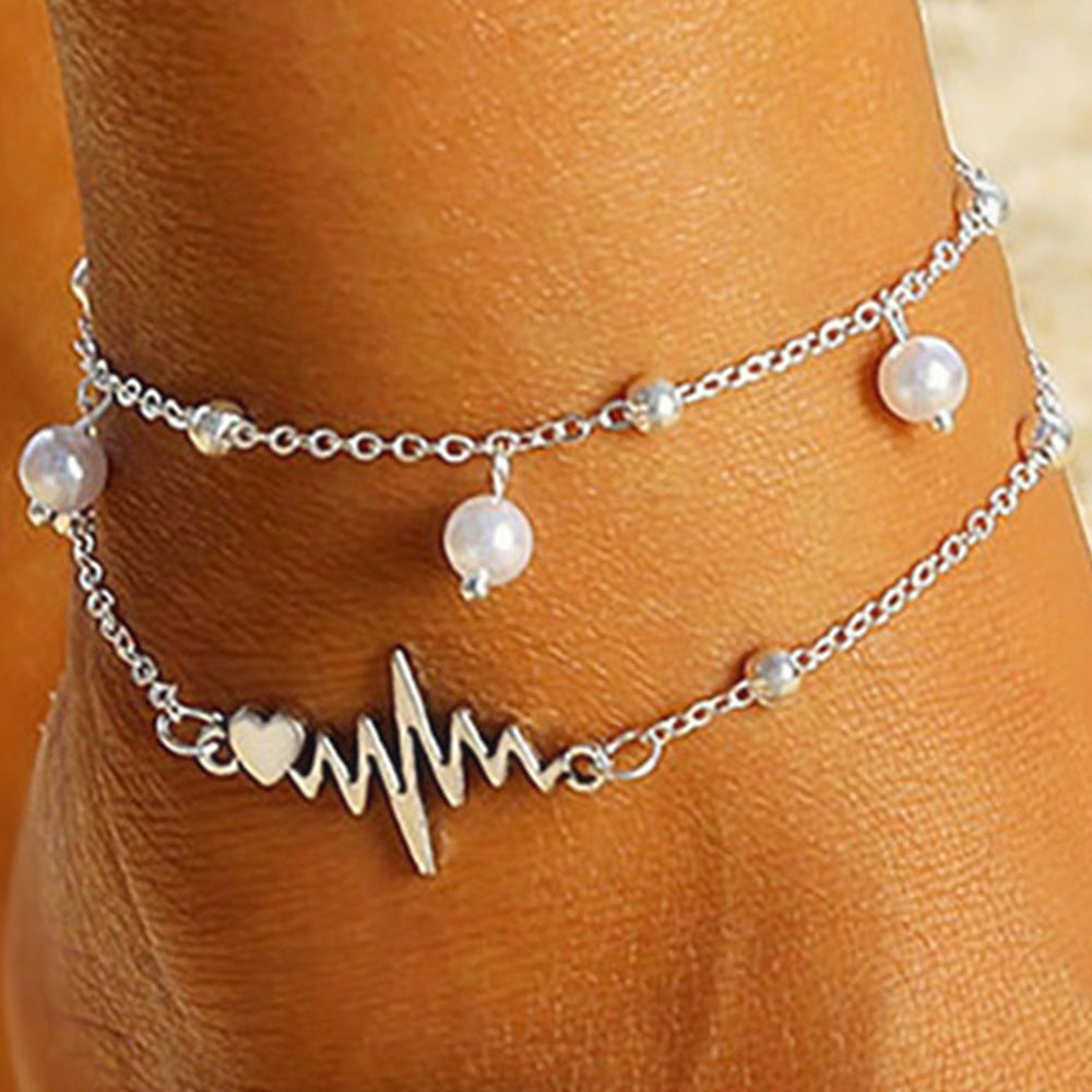 Pearl-Effect Heartbeat Double-Layer Anklet