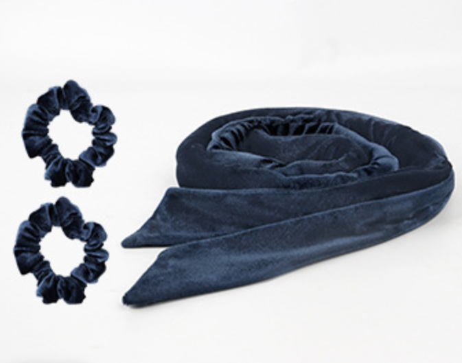 Dark Blue velvet heatless curling headband and matching scrunchies