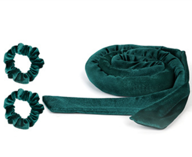 Dark Green velvet heatless curling headband and matching scrunchies