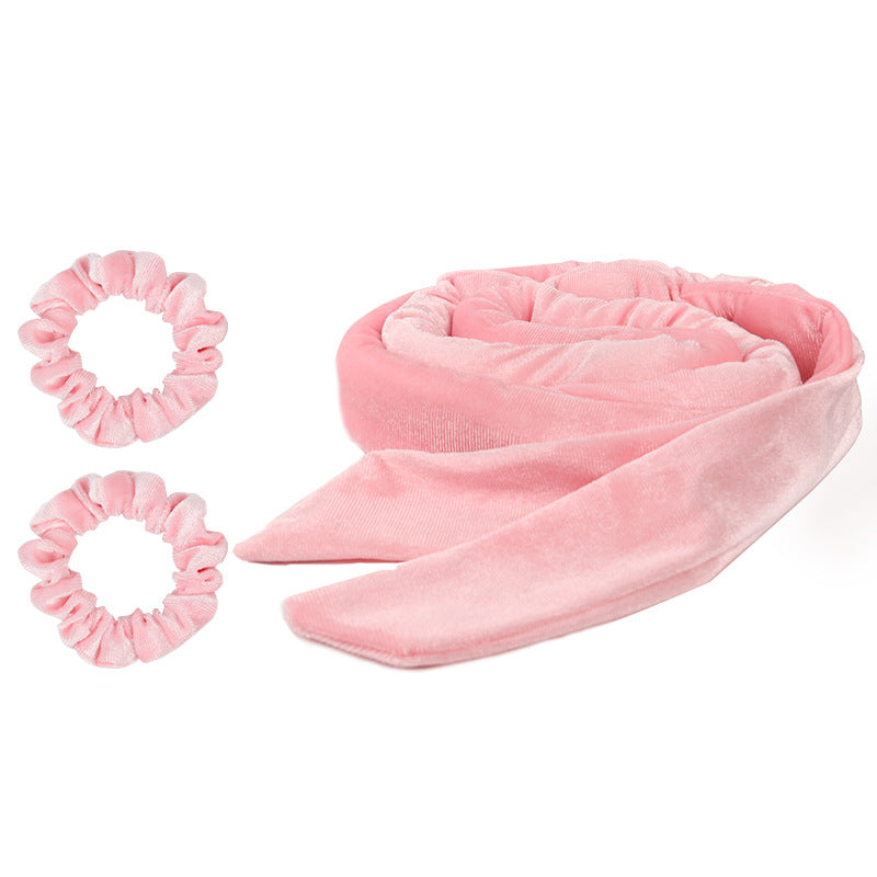 Pink velvet heatless curling headband and matching scrunchies